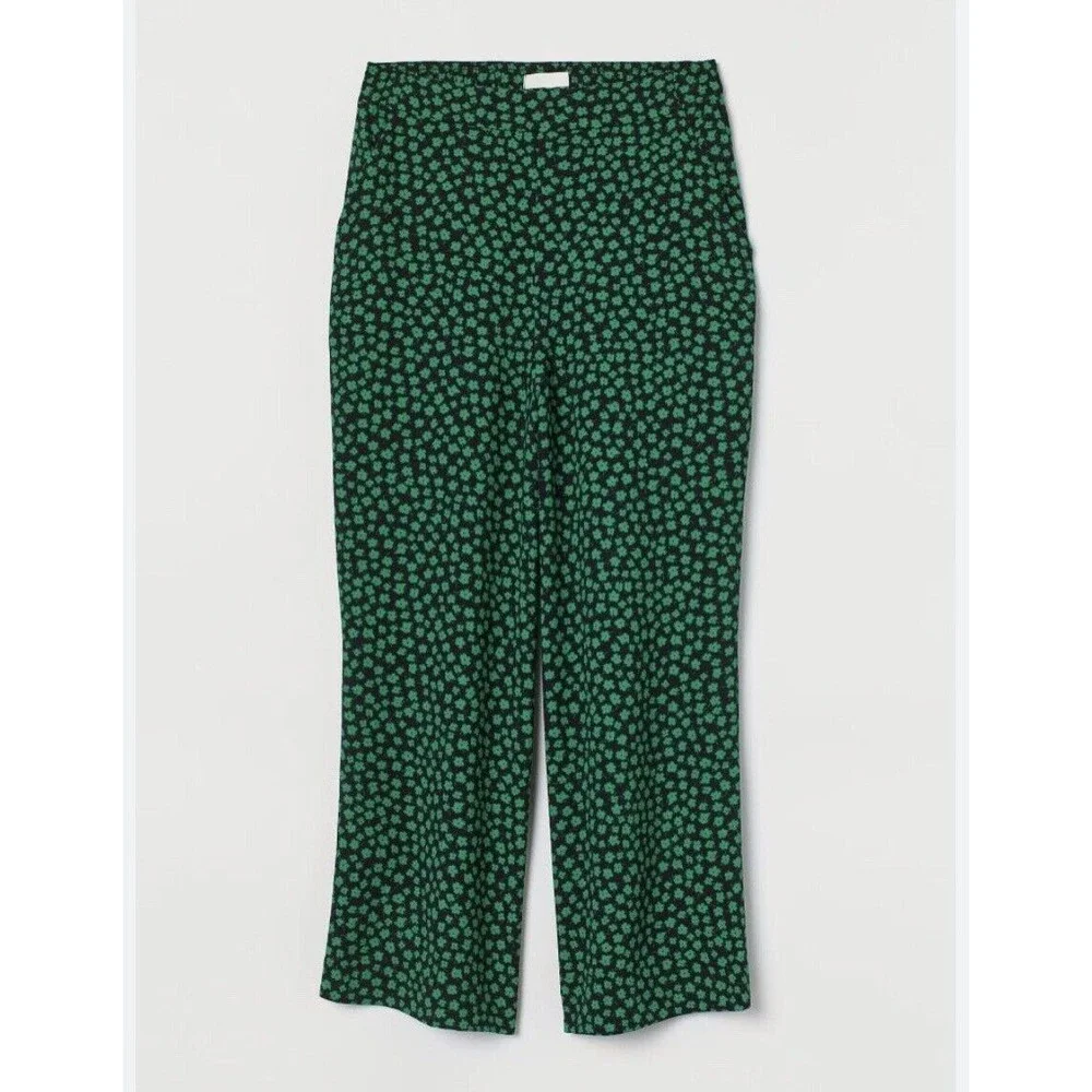 H&M Women Pants Casual leg cropped Green & Black Flo cord trousers - Picture 3 of 12